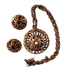 Copper Pinwheel Pendant Necklace and Clip On Earrings Set